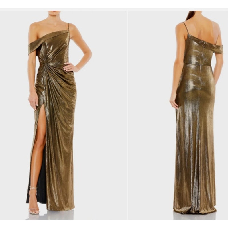 Ieena For Mac Duggal Gold Metallic One-Shoulder Gown Style 26728 Size 8